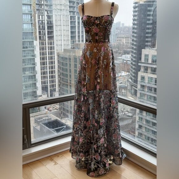 🆕 BRONX & BANCO 🧿 NWOT Midnight Embroidered Floral & Pearl Gown, Sz XS US 2 - Picture 4 of 15